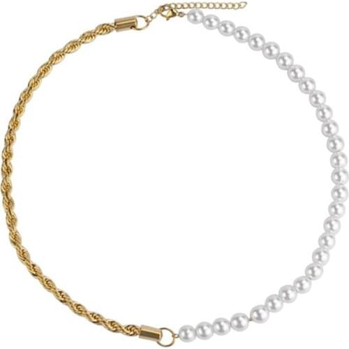 Stainless Steel Hip Hop Gold Rope Braided Twist Chain Pearl Necklace Street Dance Jewelry Gift For Him