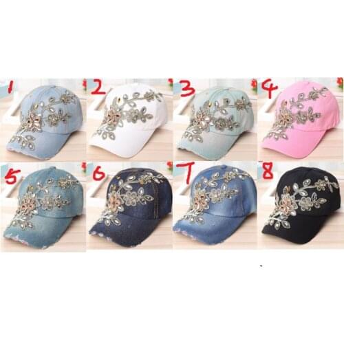 120pcs/lot new fashion flower crystal bead bling cap/ rhinestone denim snapback hats baseball caps 8 color for choose