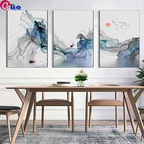 3pcs Abstract Sunrise Landscape Wall Art Diamond Paintings Cross Stitch Triptych for Living Room Office Interior Home Decor