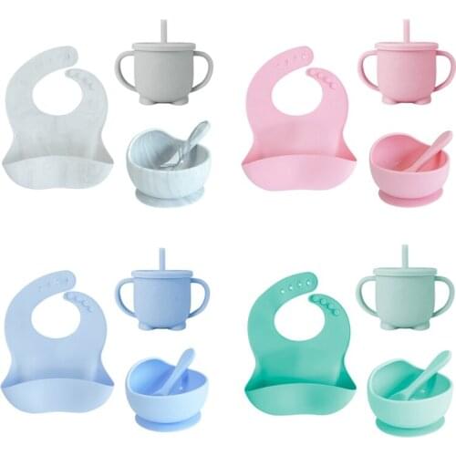 4Pc/Set Baby Silicone Feeding Set Non-Silp Strong Sucker Bowl Spoon Cup Waterproof Silicone Bib Baby Training Tableware Plate