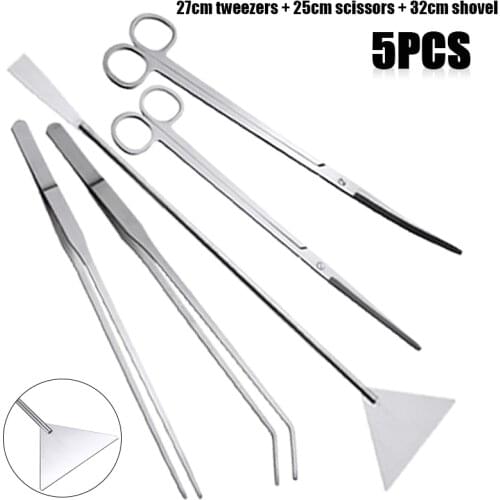 5Pcs New Stainless Steel Fish Tank Tweezers Plant Tweezers Scissors Shovel Set Anti-slip Handle Aquarium Maintenance Tool
