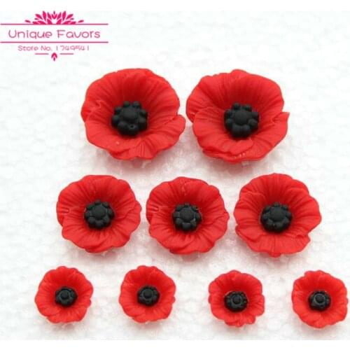 50pcs Chic Resin Poppy Flower Cabochon Flat Back Artificial Red Flower Beads Miniature Poppy Flower Jewelry Accessory Home Decor