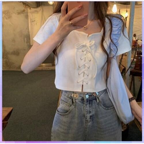 White Short Sleeve Elegant Womens Tee Shirts Plus Size Top 2021 Summer Sexy Strapless Crop Tops Solid Hollow Out Lace-up Blusas
