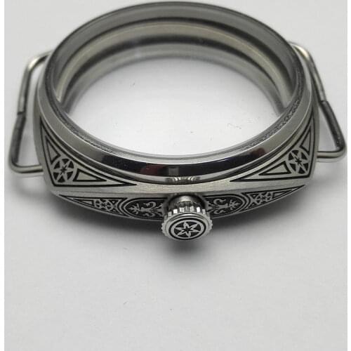 47mm Carved Watch Case Stainless Steel Black Carving Mineral Glass For ETA 6497 6498 Seagull ST36 Watch Movement Repair