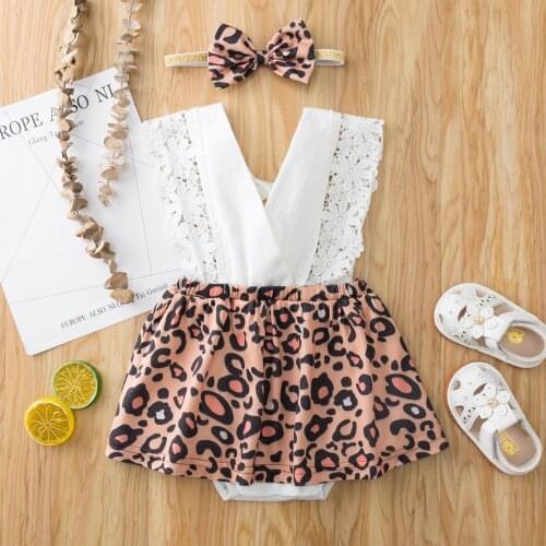 Baby Romper with Headband Leopard Print Lace V-Neck Sleeveless Romper + Hairband for Girls 3-18 Months