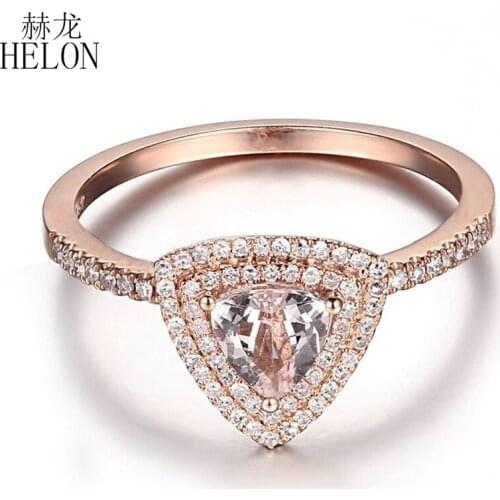 HELON Solid 14k Rose Gold Certified Trillion Cut 5mm Genuine Morganite Diamonds Halo Engagement Wedding Ring Women Fine Jewelry