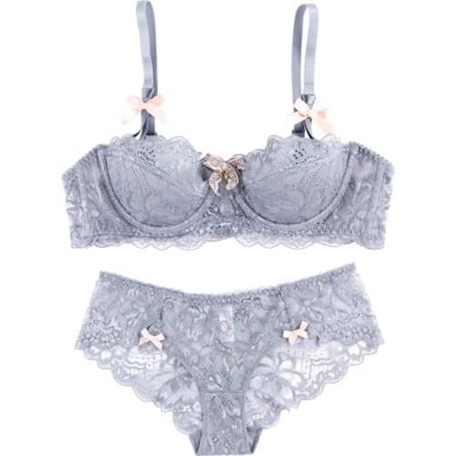 Plus Size Sexy Lingerie Lace Bra and Panty set push up E cup with wires Plunge Bow underwear women Intimates set dentelle