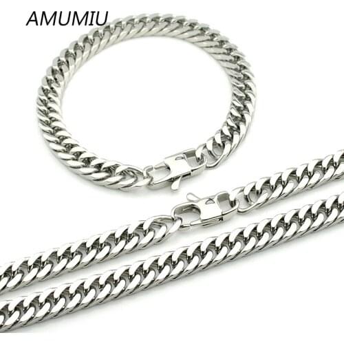 AMUMIU 8MM Chain Link Jewelry Set Men Gift Stainless Steel 22m Bracelet 55cm Necklace Trendy Party Wholesale KTZ094
