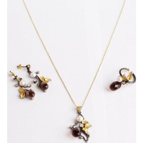 Drop Zultanite Jewelry Set Gold Plated, Woman Delicate Silver Zultanite Ring+Necklace+Earrings, Handmade Woman Silver