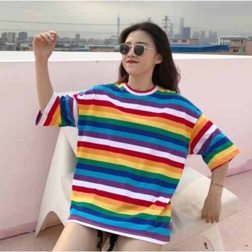 Summer new womens T-shirt Harajuku rainbow stripe female T shirt fashion Casual Korean Style short-sleeved Tshirt Clothing Tops