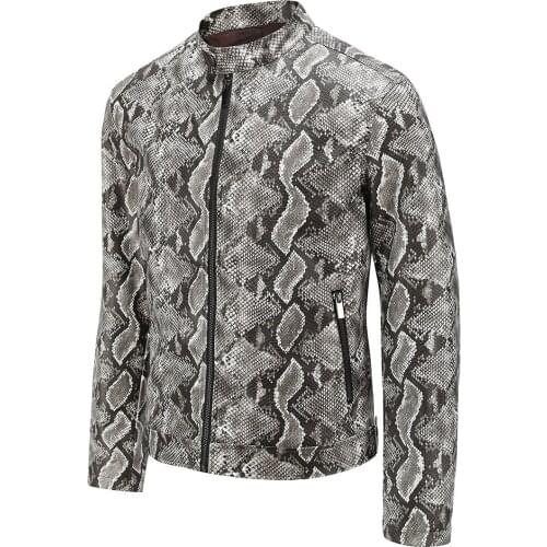 2022 Mens Autumn New Washed PU Leather Jacket Stand Collar Snakeskin Pattern Casual Leather Jacket