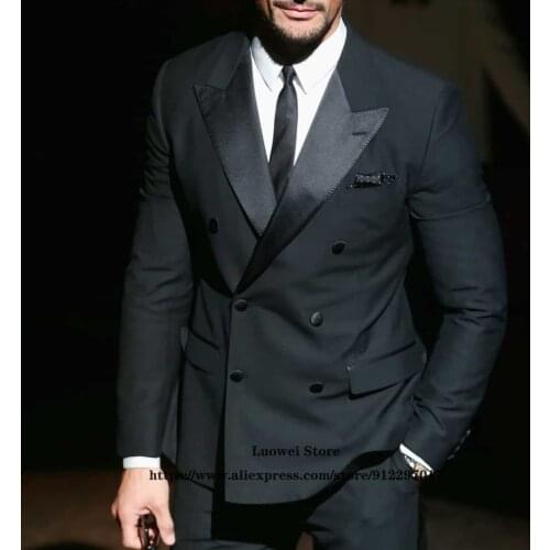 Mens Slim Fit Suits Classic Double Breasted Formal Business 2 Piece Set Male Wedding Groom Blazer Terno Masculino (Jacket+Pants)