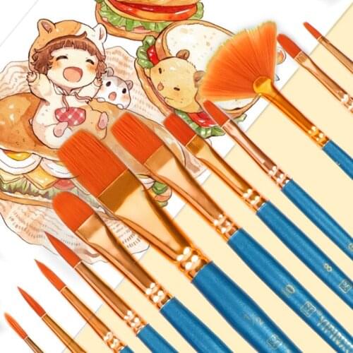 12 Multifunctional Brushes Set Wooden Penholder Nylon Wool Round Tip Flat Head Oil Painting Watercolor Professional Art Tools