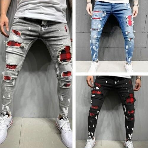2021 New Arrival Men Pants Patchwork Small Foot Jeans Zipper Access Wear Holes Denim Trousers