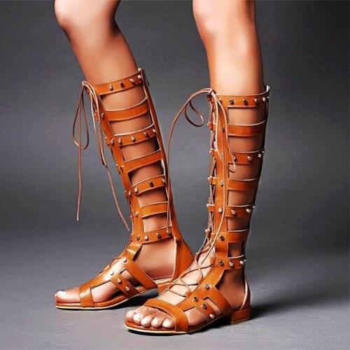 Sexy Party Gladiators Womens Spike Studded Strappy Summer Knee High Sandals Boots Flat Heel Goth Punk Open Toe