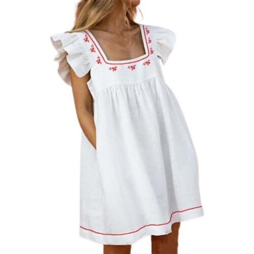 Casual Square Collar Butterfly Sleeve Mini Dress Ruffle Sleeve Floral Print Large Hem Pockets Women Loose Dress Female Clothing