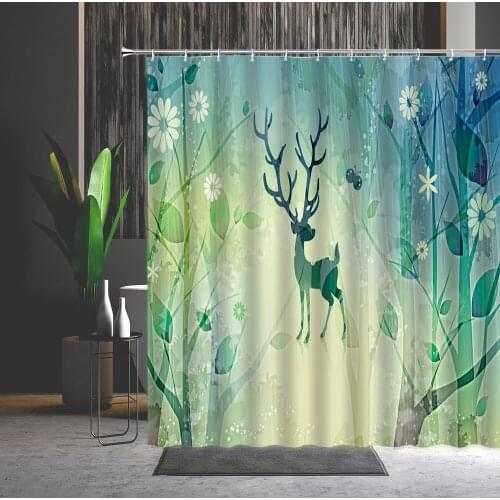 Animal Shower Curtain Elk Green Leaf Flowers Forest Pattern 3D Printing Machine Washable Bathtub Screen Bath Curtains With Hooks