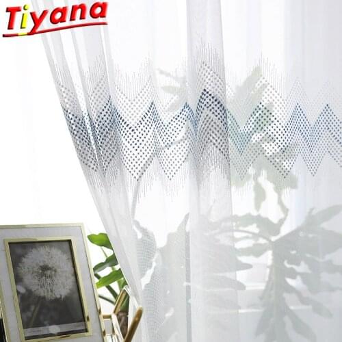 Blue/White Geometric Embroidery Tulle Curtains for Living Room Wave Pattern Yarn for Bedroom Balcony X-M230#VT