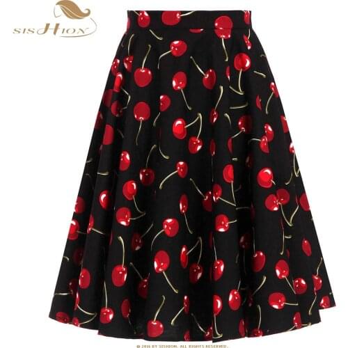 SISHION 2021 Floral Cotton Midi Skirt Large Swing Black Cherry Print Retro Vintage Summer 40s 50s 60s Women Skirts
