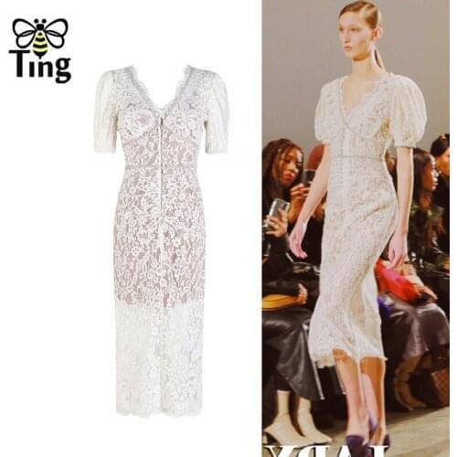 Tingfly Vintage Elegant Lace V neck Crystal Button Up Sexy Bodycon Party Evening Night Dresses Summer Lace Sheath Midi Dress SP