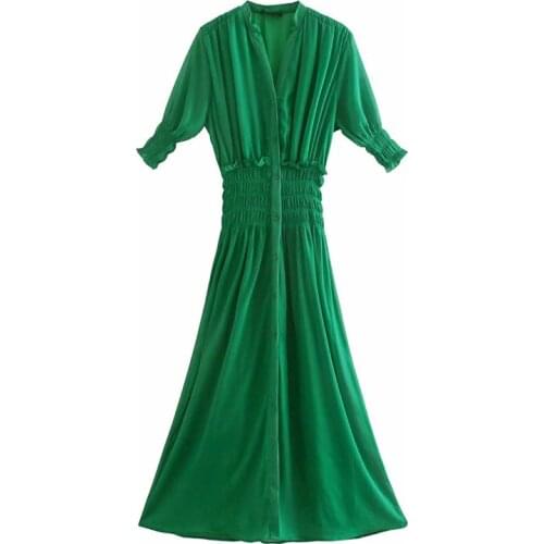 YENKYE Vintage Green Pleated Long Dress Women V Neck Short Sleeve Elastic Waist Vestido Mujer Casual Summer Chiffon Dress