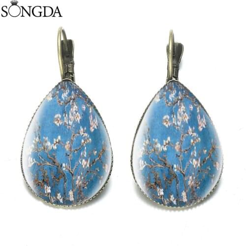 Vintage Art Paintting Almond Blossom Earrings Van Gogh Work Series Teardrop Hook Earrings Elegant Women Fashion Charm Jewelry
