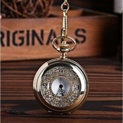Vintage classic golden Hollow out dense flower pattern Fashion quartz men gift cowboy chain pocket watches