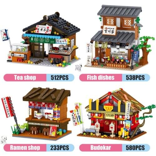 Japanese Streetscape Ramen Tea Fish Dishes Budokan Shop Building Block Kids Toys Diy Brick Compatible With Legoing Playmobil