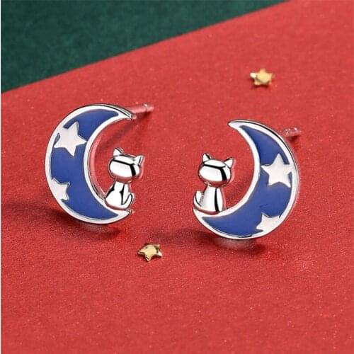 Jisensp Korean Moon Cat Stud Earrings Christmas Jewelry for Women Kids Cute Star Fashionable Earrings Accessories Wholesale