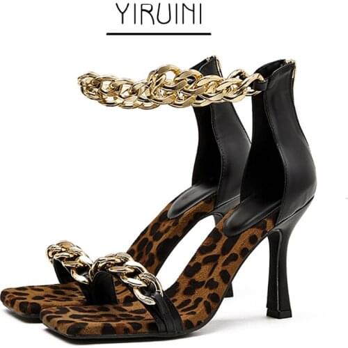 New Style In 2021 Womens Super High Heel Sandals Chain One Stap & Chain Ankle Strap Square Toe Zipper In Back Leopard Shoes Fe