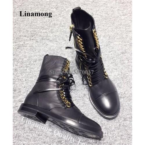 Linamong Newest Women Round Toe Lace-up Flat Sort Boots Gold Silver Chains Decorated Side Zipper-up Ankle Booties Causal Shoes