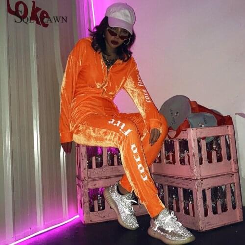 Streetwear Letter Print Velvet Two Piece Track Suit Set Women Fall Hoodie Jacket Crop Top and Jogger Pants Korean Velour Outfits