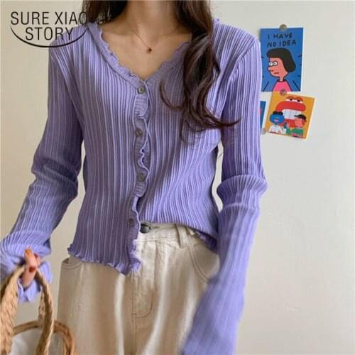 V-neck Sweater Women Slim Cotton Korean Sweater Long Sleeve 2021 Autumn Sweet Thin Sunscreen Cardigan Office Lady Clothes 10554