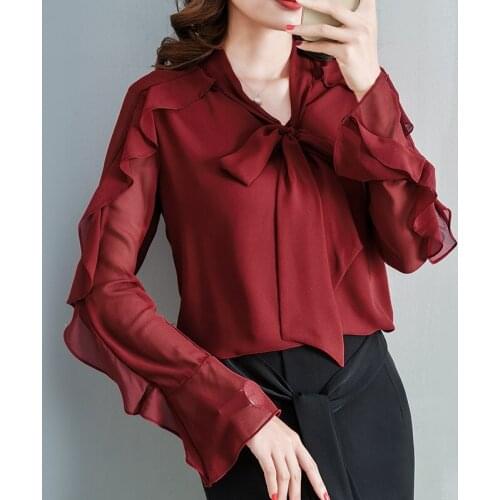Autumn and Winter 2020 Korean Tops Red Fashion Korean Loose Long Sleeve Ruffle Bow Shirt Chiffon Solid V-Neck Blusas Female 0999