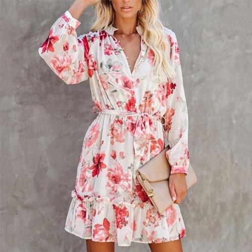 2021 Summer Women Dress Floral Print Lace-up Autumn V Neck Ruffles Hem Waist Tied Dress Office Elegant Floral Print Mini Dress