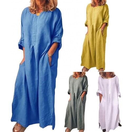 50% Hot Sales Women Vintage Solid Color Long Sleeve O Neck Pockets Maxi Dress Tunic Kaftan