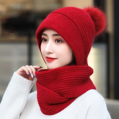 Winter Rabbit Fur Hat Gloves Scarf Sets Thicken Plush Wool Warm Caps Women Knitted Cap Outdoor Windproof Ear Flap Beanie Bonnett