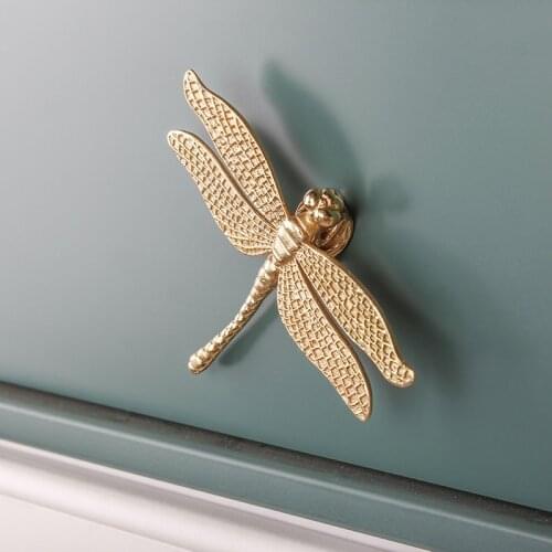 1Pc Brass Dragonfly Handle Simple Nordic Cabinet Gold Pure Copper American Wardrobe Drawer Door Knob Furniture Diy Handles