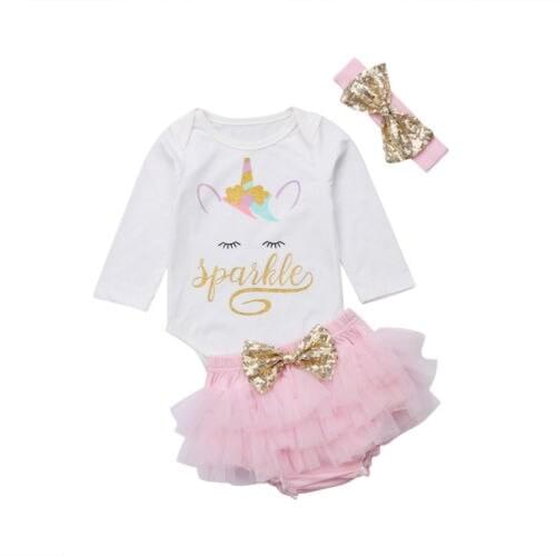 3Pcs Newborn Baby Girls Unicorn Cotton Tops Romper Pants Skirt Outfits Clothes Size 0-24M