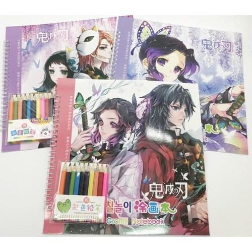 Popular Anime Demon Slayer Kimetsu No Yaiba Coloring Book for Children Adult Picture Book with 10pcs Color Pencils