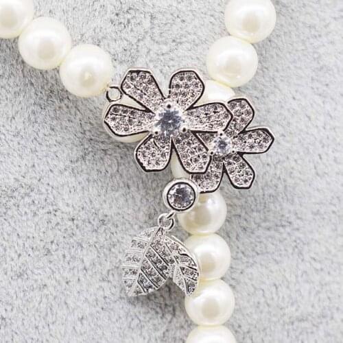 Free shipping 45cm 8-9mm white Pearl CZ Necklace leaf Pendant 925 silver micro inlay zircon clasp accessory jewelry