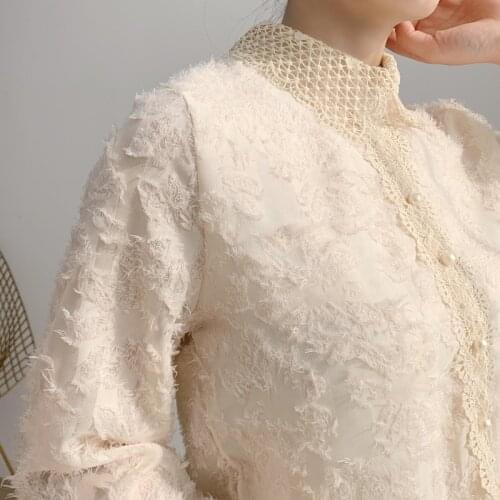 Blusas Mujer De Moda 2021 Blouse Ladies Tops Korean Clothing for Women White Shirts Femininas Lace Button Solid Puff Sleeve 0834