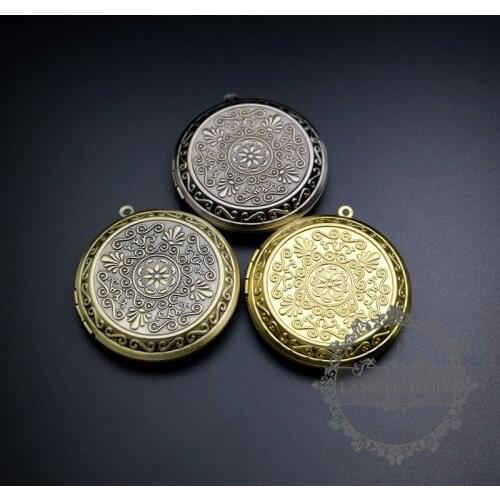45mm big round vintage style antiqued silver,bronze,raw brass flower engraved photo locket pendant charm DIY supplies 1111065