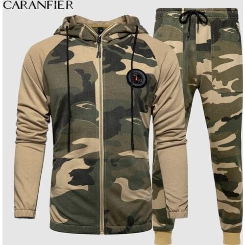 CARANFIER Men Hooded Sweatshirt+pants Pullover Hoodie 2 Piece Sets Tracksuit Sportwear Suit Male Camouflage Joggers Sets Clothes