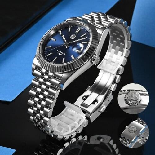 San Martin Men Dress Watch Jubilee Bracelet Retro Classic Luxury Automatic Mechanical Watches Sapphire Cyclops Waterproof 100M