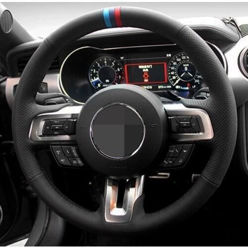 Car Steering Wheel Cover DIY Hand-Stitched Non-slip Black Artificial Leather For Ford Mustang 2015-2019 / Mustang GT 2015-2019