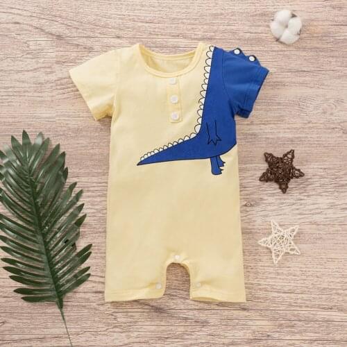 Baby Romper, Unisex Cartoon Dinosaur Print Round Neck Short Sleeve Jumpsuit Playsuits For Summer Fall New Style 2021