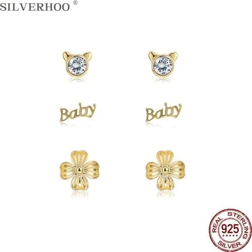 SILVERHOO 925 Sterling Silver Letter BABY & Cute Flower Stud Earrings Sets For Women Round Zircon Bear Earring Fine Jewelry Gift