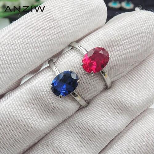 ANZIW Sterling Silver Oval Cut Lab Created Ruby Classic Solitaire Stone Engagement Ring Adjustable For Women Jewelry Gifts