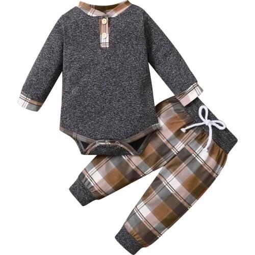 Baby Plaid Print/Camouflage Clothes Set Long Sleeve O-neck Romper + Elastic Waist Trousers